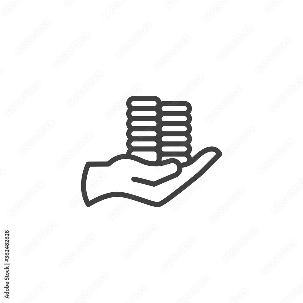 Hand with stacked coins line icon. linear style sign for mobile concept and web design. Salary, loan outline vector icon. Symbol, logo illustration. Vector graphics Hand with stacked coins line icon. linear style sign for mobile concept and web design. Salary, loan outline vector icon. Symbol, logo illustration. Vector graphics