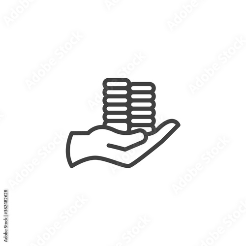 Hand with stacked coins line icon. linear style sign for mobile concept and web design. Salary, loan outline vector icon. Symbol, logo illustration. Vector graphics