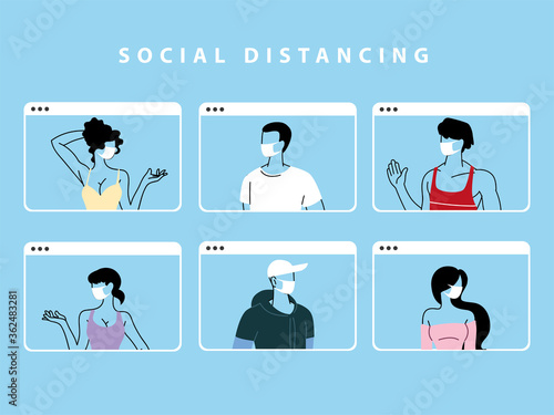 group of people talking in videocall conference, social distancing
