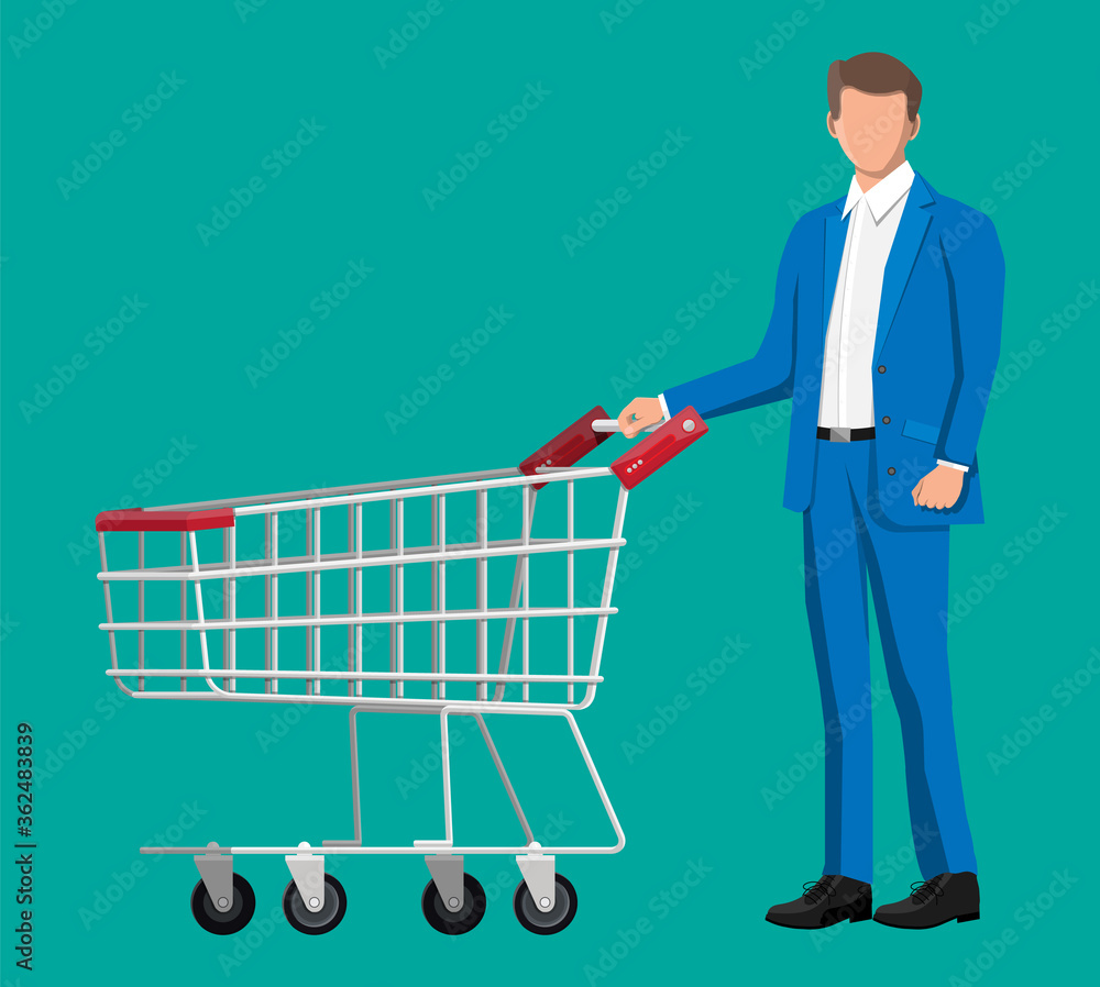 Customer with empty supermarket shopping cart isolated on white background. Metal shop trolley on wheels. Vector illustration in flat style Customer with empty supermarket shopping cart isolated on white background. Metal shop trolley on wheels. Vector illustration in flat style