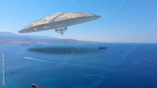 3D RENDERING-Alien ufo Saucers over Red sea with Jordan mountains, Tanker ships Drone view with visual effect Elements, 