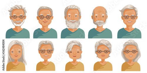 Elderly face set. Elderly  head and hairstyles character creation. Eye, mouth, nose, eyebrows, glasses and hairstyles. 