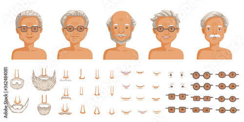 Elderly man face set. Elderly man head character creation. Eye, mouth, nose, eyebrows, mustache, beard, and hairstyles.