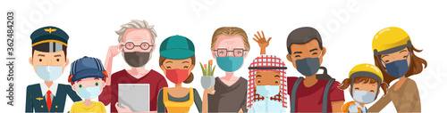 People mask vocation of different professions. Elderly mask group. Children mask. New Normal concept. 