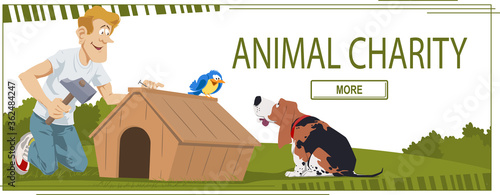 Man building dogs kennel in animal shelter. Concept for website.