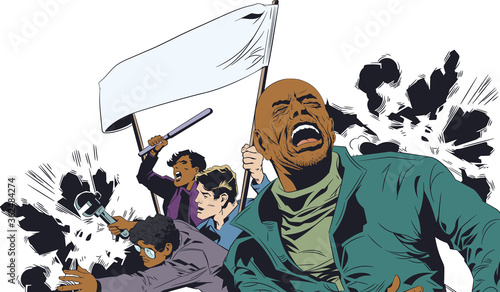 Protesting people. Riots in street. Stock illustration