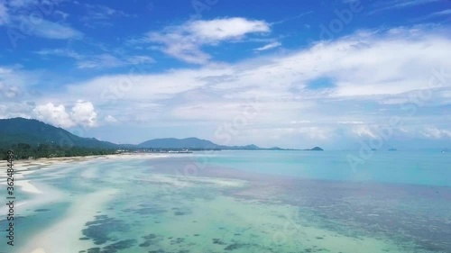Wallpaper Mural Aerial drone panoramic view at the low tide. Long Sandy beach and palm trees. Exploring Thailand Bang Makham Beach Torontodigital.ca