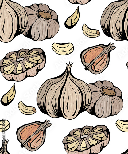 Seamless pattern colorful sketch garlic illustration. Antibacterial product for health. Useful seasoning for cooking. Natural spice. Vector color texture for wallpaper, packing and your design