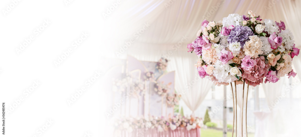 Wedding flower arrangements and decorations. Empty copyspace with white background and space for text. Holiday accessories and backgrounds Wedding flower arrangements and decorations. Empty copyspace with white background and space for text. Holiday accessories and backgrounds
