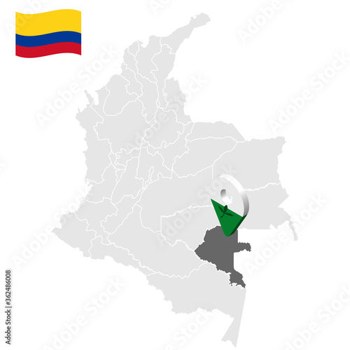 Location of Vaupes on map Colombia. 3d Vaupes location sign. Flag of Vaupes. Quality map with regions  of Colombia for your web site design, logo, app, UI. Stock vector. EPS10. photo