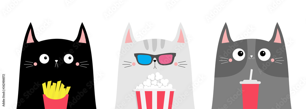 Cat set. Popcorn, soda, french fries. Cute cartoon funny character. Cinema theater. Film show. Kitten in 3D glasses watching movie. Kids print for notebook cover. White background. Flat design Cat set. Popcorn, soda, french fries. Cute cartoon funny character. Cinema theater. Film show. Kitten in 3D glasses watching movie. Kids print for notebook cover. White background. Flat design