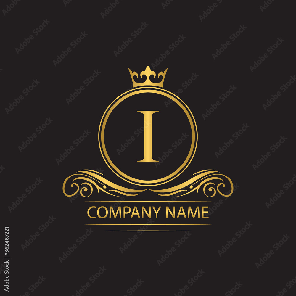 Golden letter I template  logo Luxury letter with crown.  Monogram alphabet . Beautiful royal initials letter.