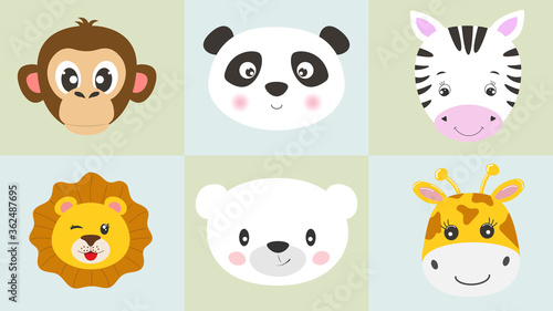 Cute cartoon characters animals monkey, panda, zebra, lion, bear, giraffe, kawaii flat style.