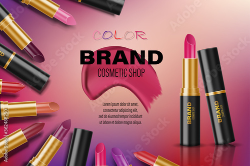 Beauty lipstick ads. Different color lipsticks in a circle for trendy cosmetic poster design advertisement. 3d vector illustration