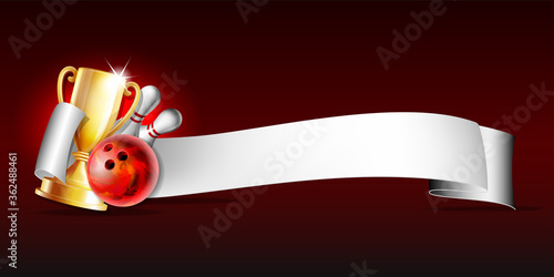 Bowling sport emblem with trophy cup, red glossy ball, bowling pins and white ribbon for lettering