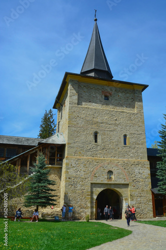 SUCEVITE MONASTERY, BUCOVINA, ROMANIA, EUROPE, SPRING 2018. One of the four towers that are inside the stone wall that surrounds the Orthodox monastery. Moldovan architectural style.