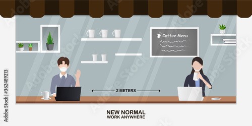 New normal vector illustration, People maintain social distancing in restaurant, cafe and co working space