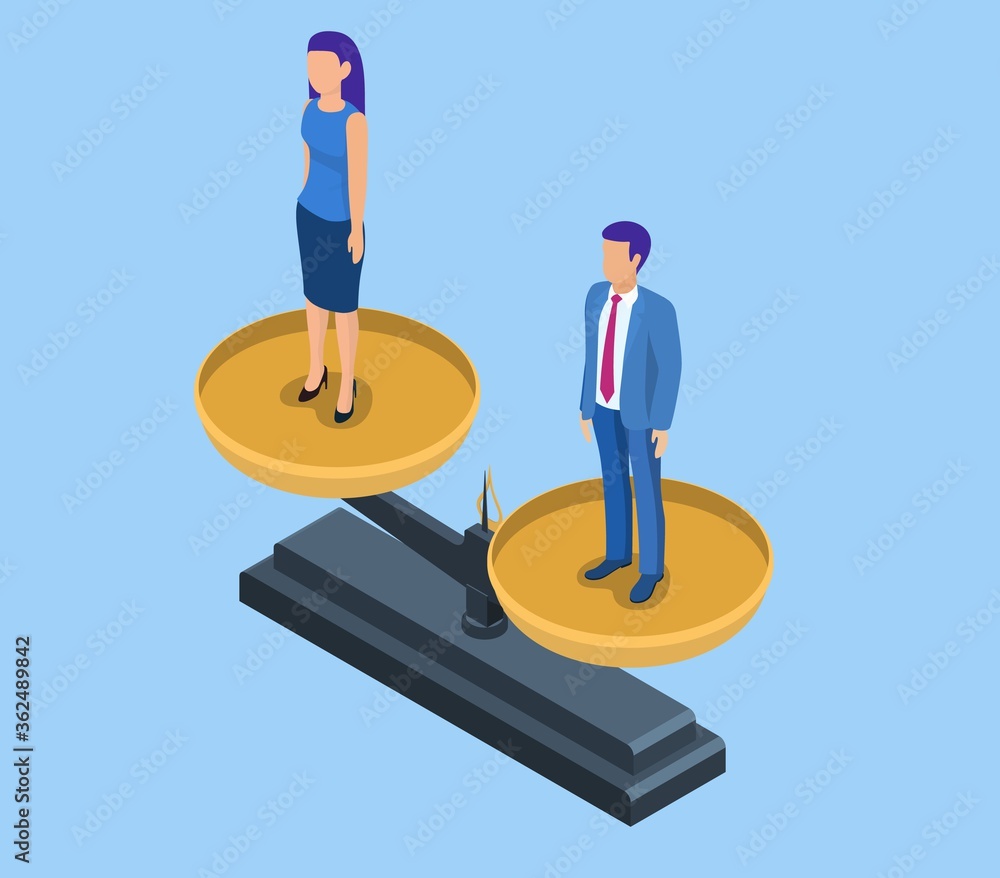 3d isometric businessman and businesswoman equal on a scale. Business and gender equality concept. Balance symbol. vector illustration in flat style