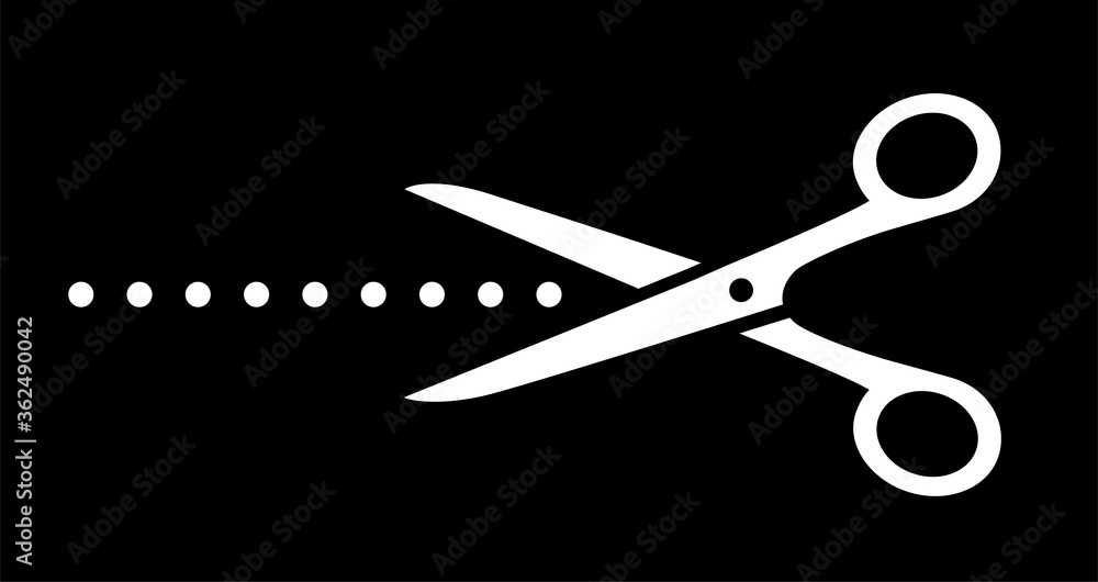white scissors cutting points line on black background white scissors cutting points line on black background