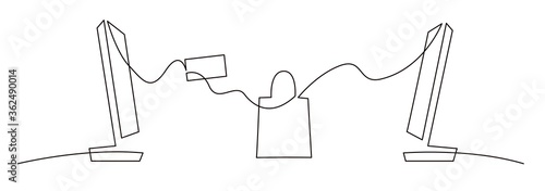 Online Payments Concept Design. Buying product online shop continuous one line vector drawing.