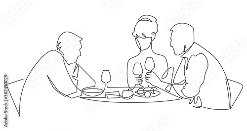 Birthday party continuous one line vector drawing. Woman and guests sitting at table drink wine, toast.
