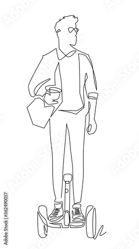 One single line drawing of young stylish man riding electric segway at city park vector illustration. Future transport. Healthy lifestyle sport concept.