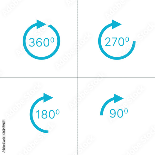Rotation icon, 360, 270. 180. 90 degrees view or rotation sign icons. Stock vector illustration isolated on white background.