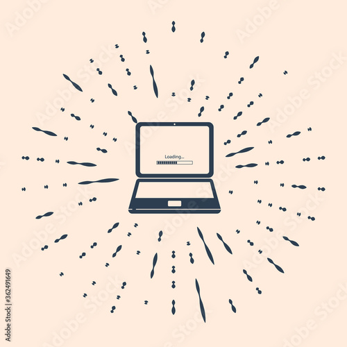 Black Laptop update process with loading bar icon isolated on beige background. System software update. Loading process in laptop screen. Abstract circle random dots. Vector Illustration