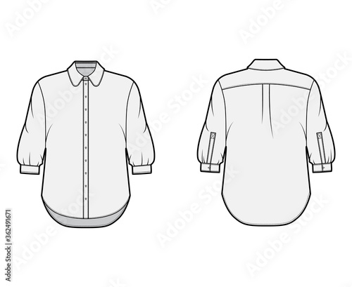 Classic shirt technical fashion illustration with button down front opening, round collar, elbow sleeves with cuff, oversized body. Flat apparel template front back grey color. Women, men unisex CAD