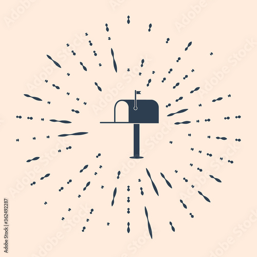 Black Open mail box icon isolated on beige background. Mailbox icon. Mail postbox on pole with flag. Abstract circle random dots. Vector Illustration