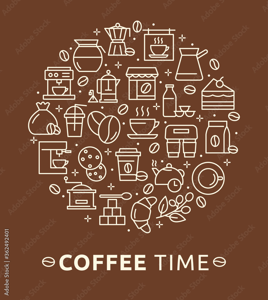 Vector illustration of coffee and tea poster template. Infographic concept for logo, banner, publishing, web, graphic design, bakery, cafe menu. Latte espresso and cappuccino coffee cups.
