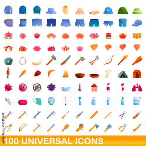 100 universal icons set. Cartoon illustration of 100 universal icons vector set isolated on white background