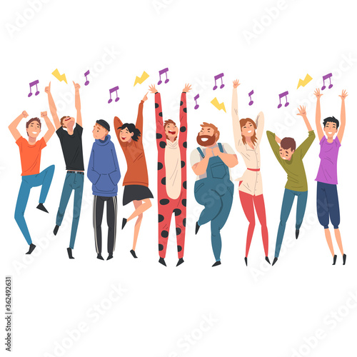 Crowd of Young People Dancing and Singing Along with Performers at Concert Vector Illustration