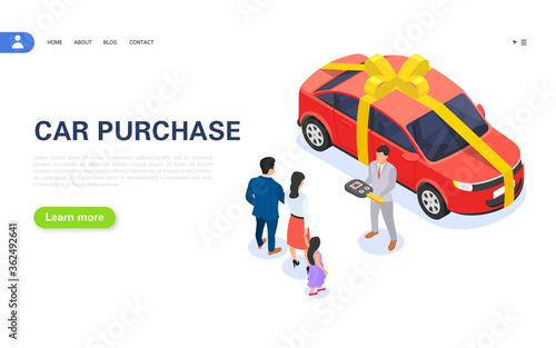 The seller hands the key to a young family from a new car in the dealership. Special car loan offer. Win a car in the lottery.