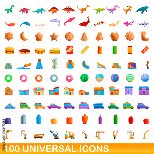 100 universal icons set. Cartoon illustration of 100 universal icons vector set isolated on white background