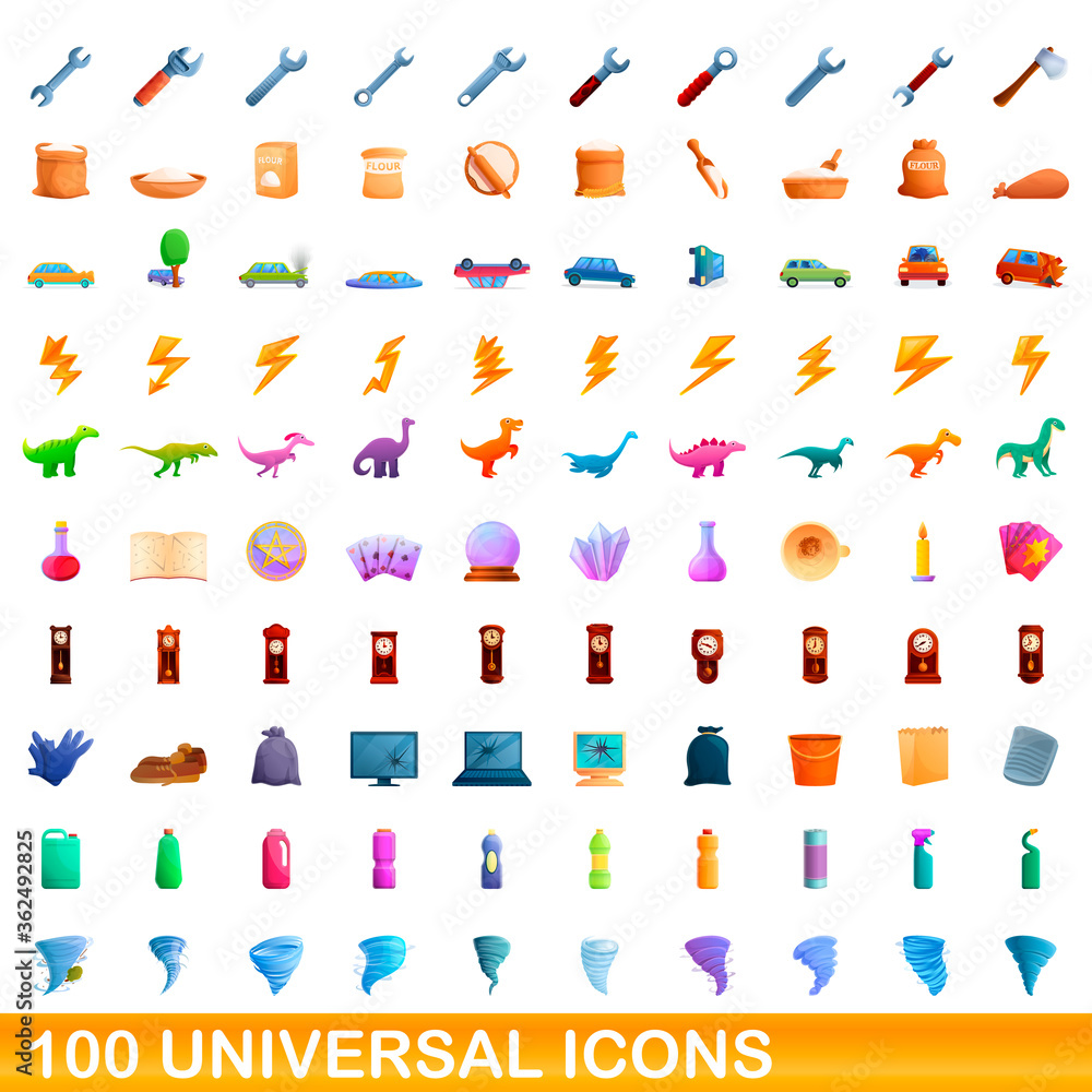 100 universal icons set. Cartoon illustration of 100 universal icons vector set isolated on white background 100 universal icons set. Cartoon illustration of 100 universal icons vector set isolated on white background