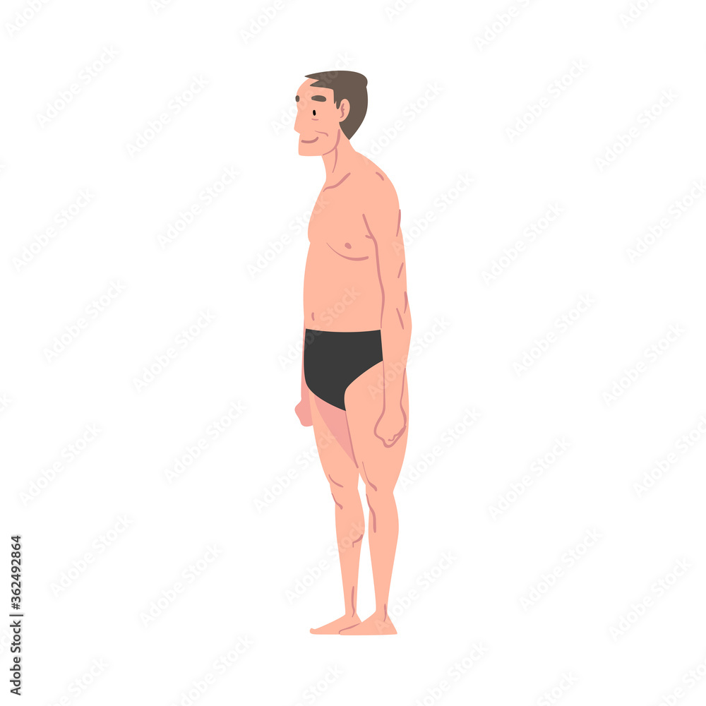 Fototapeta premium Mature Overweight Man in Underwear, Male Body Type Cartoon Style Vector Illustration on White Background