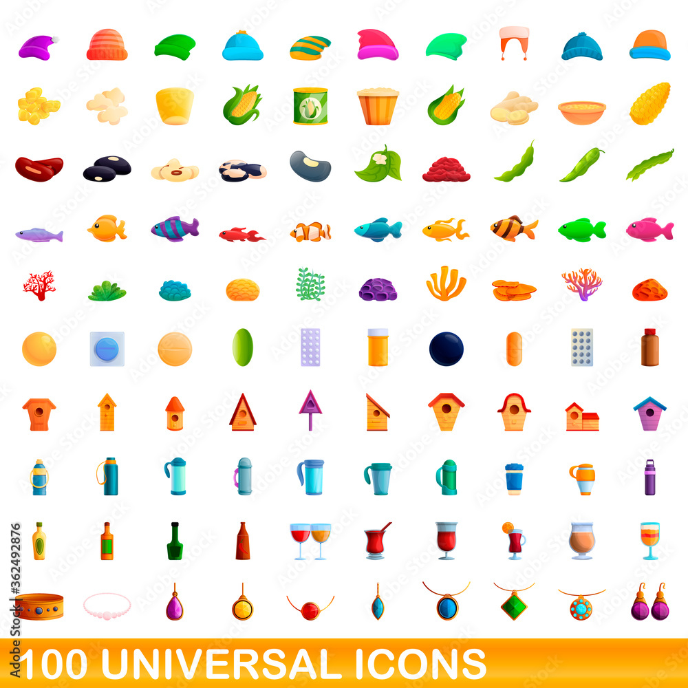 100 universal icons set. Cartoon illustration of 100 universal icons vector set isolated on white background 100 universal icons set. Cartoon illustration of 100 universal icons vector set isolated on white background