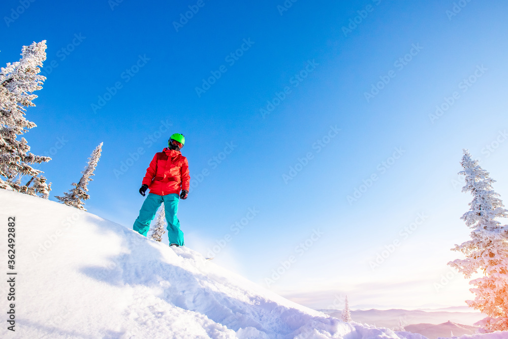 Snowboarder jumping through air with deep blue sky in background, Freeride winter forest
