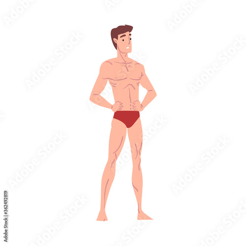 Cheerful Slender Athletic Man in Underwear Cartoon Style Vector Illustration on White Background