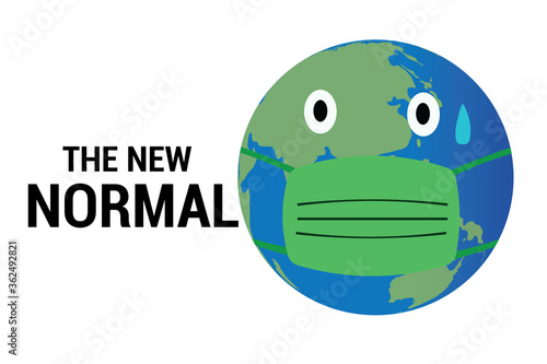 Banner The New Normal typography with world wearing mask illustration