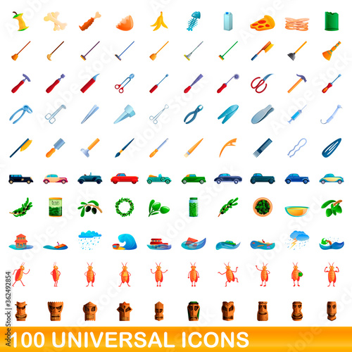 100 universal icons set. Cartoon illustration of 100 universal icons vector set isolated on white background