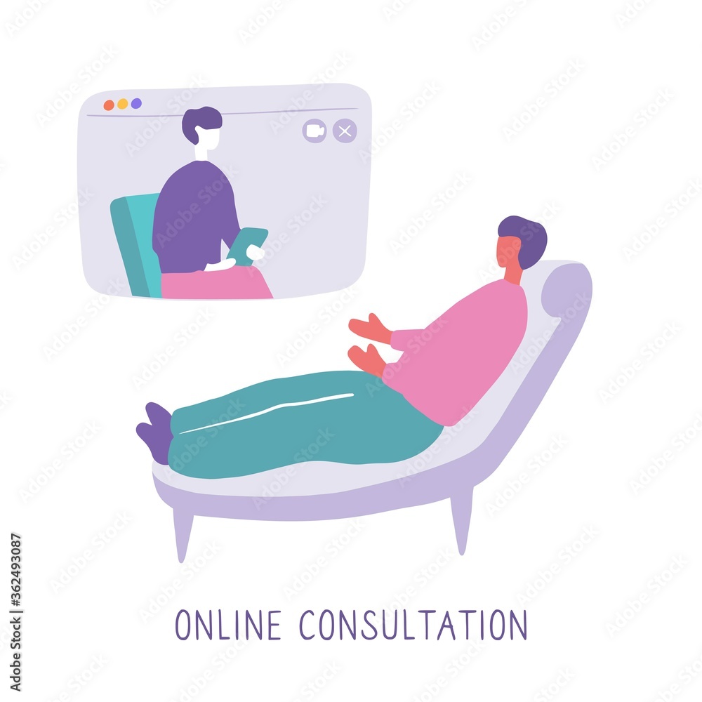 Obraz premium Man lies on couch and pours out his soul to psychologist through video communication. Online psychotherapy practice. Remote psychological help, psychiatrist consulting patient. Mental health care