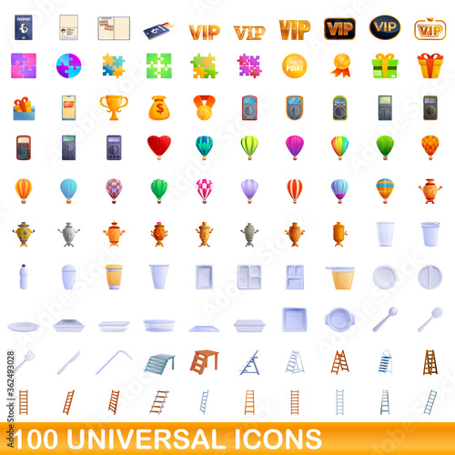 100 universal icons set. Cartoon illustration of 100 universal icons vector set isolated on white background