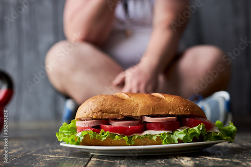 close-up photo of big sandwich on plate  fat man sit in the background  think eat it or not