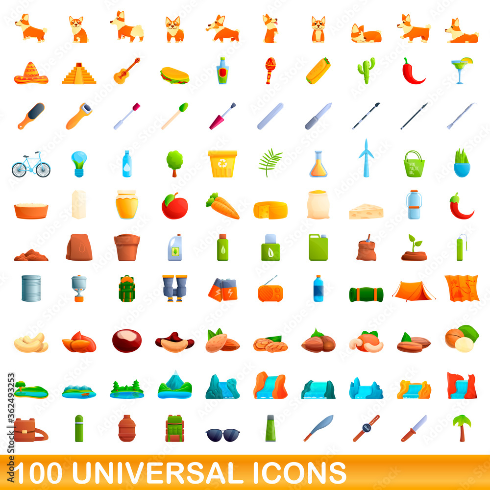 100 universal icons set. Cartoon illustration of 100 universal icons vector set isolated on white background