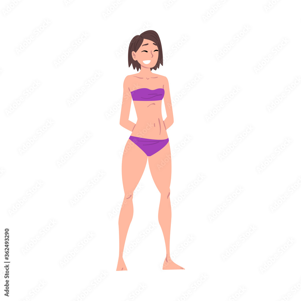 Beautiful Young Woman in Bathing Suit, Slim Female Figure Cartoon Style Vector Illustration on White Background Beautiful Young Woman in Bathing Suit, Slim Female Figure Cartoon Style Vector Illustration on White Background