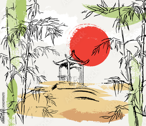 Stylish composition with bamboo, japanese gazebo and abstract shapes. Sunset in the garden. Idea for wedding invitations, flyers, newsletter, poster, magazine cover, packaging. Vector template