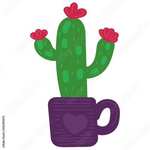 cactus houseplant in purple mug, vector element in a flat simple style, children drawing