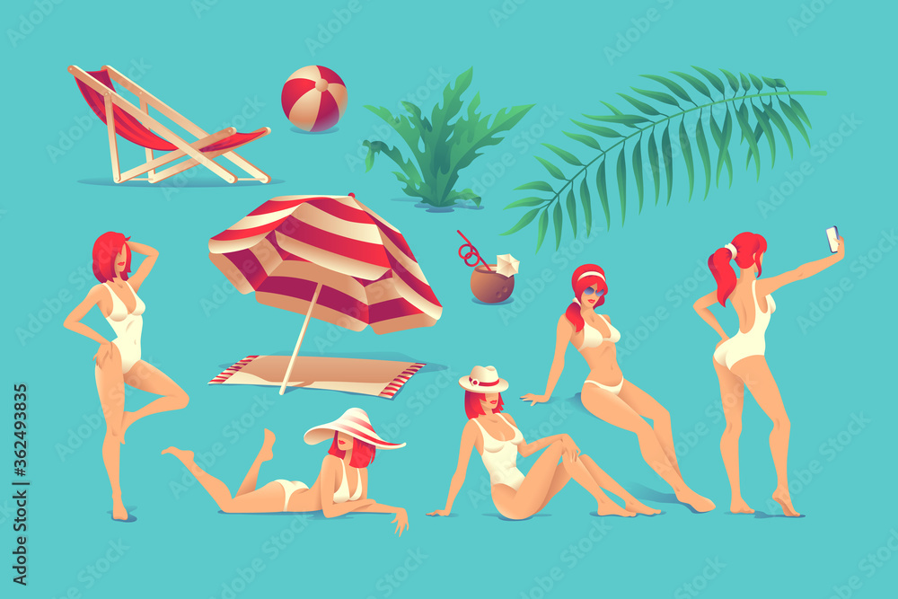 Set of vector illustrations with posing models wearing a swimsuit with various beack stuff